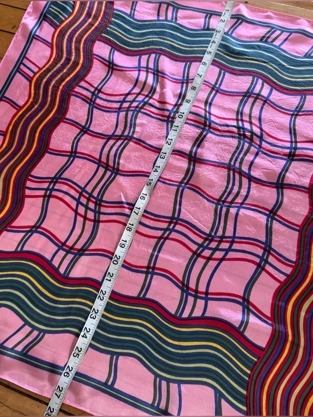 Vintage Pink Multicolor Wavy Stripe & Grid Silk Scarf